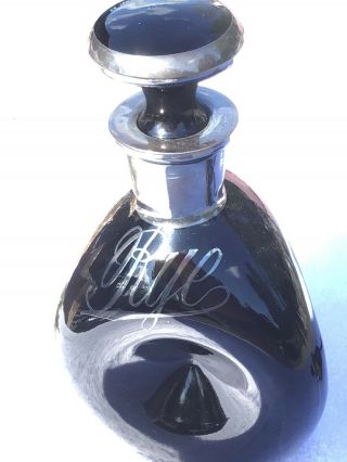 Pinch Black Amethyst Glass Bottle Decanter Rye Whiskey Silver Overlay