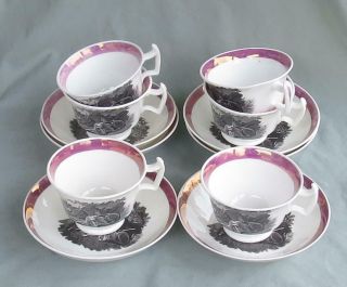 6 Antique Pink Luster Black Transferware Cups & Saucers Hunting Scene