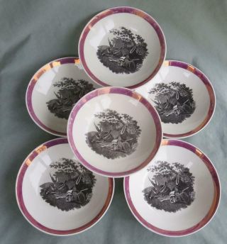 6 ANTIQUE PINK LUSTER BLACK TRANSFERWARE CUPS & SAUCERS HUNTING SCENE 2