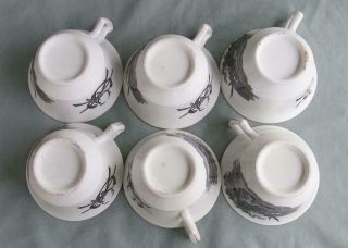 6 ANTIQUE PINK LUSTER BLACK TRANSFERWARE CUPS & SAUCERS HUNTING SCENE 5