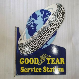 Goodyear Service 2 Sided 24 X 36 Inches Vintage Enamel Sign With Flange