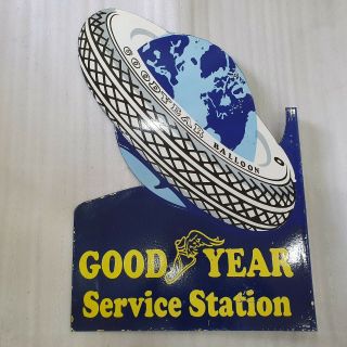 GOODYEAR SERVICE 2 SIDED 24 X 36 INCHES VINTAGE ENAMEL SIGN WITH FLANGE 5