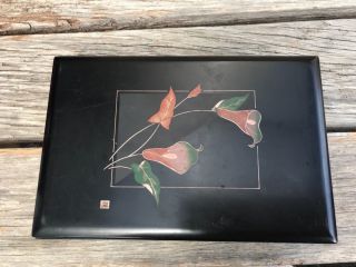 Vintage Japanese Black Lacquer Box With Elegant Lily Design & Signature