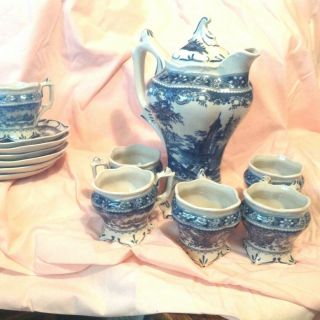 Chocolate Pot In Blue Transfer 10 " Tall & 6 Matching Cups & Saucers