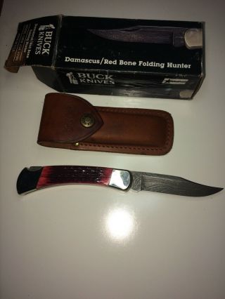 Vintage Buck Knives Model 110dr Damascus/red Bone Folding Hunter