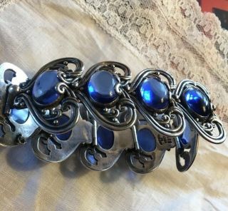 Vintage Margot de Taxco Mexican Sterling Silver Blue Glass Cabochon Bracelet 2