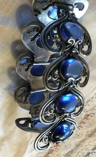 Vintage Margot de Taxco Mexican Sterling Silver Blue Glass Cabochon Bracelet 3