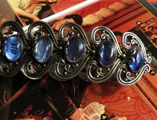 Vintage Margot de Taxco Mexican Sterling Silver Blue Glass Cabochon Bracelet 8