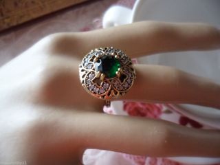 Antique Vintage Sterling Silver Ring Emerald And Sapphires Gold Accents Size P