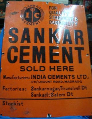 Vintage Porcelain Enamel Sankar Cement Sign Board From India 1930 