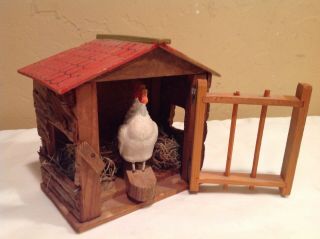 Vintage Wooden Toy Chicken Hen In Cage/nest Made In Japan