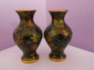 Fabulous Pair Vintage Chinese Cloisonne Green Flowers Design Vases 8 Cms Tall