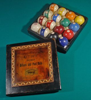 Antique Turn Of The Century Burt Billiard Wooden Box With Red Circle Balls