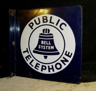 Vintage Public Telephone Bell System Phone Double Sided Porcelain Flange Sign