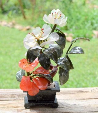 Vintage Chinese Carved Jade Bonsai Tree Agate Stone Flowers Plant 9.  75 "