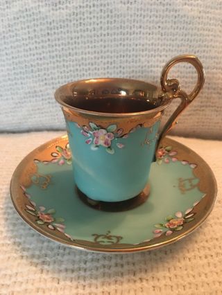 Vintage Turquoise & Gold Footed Cup & Saucer Marked & Numbered