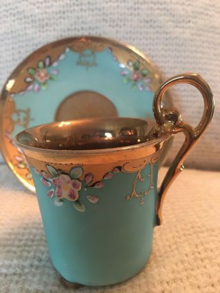 Vintage Turquoise & Gold Footed Cup & Saucer Marked & Numbered 6