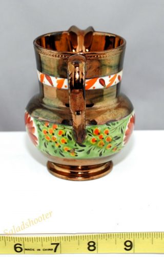 Antique Vintage Tarnished Copper Lusterware Creamer Pitcher with a Floral Design 3