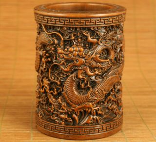 Rare Chinese Old Boxwood Dragon Statue Brush Pot Noble Table Decoration Gift
