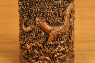 Rare Chinese old boxwood dragon statue brush pot noble table decoration gift 5