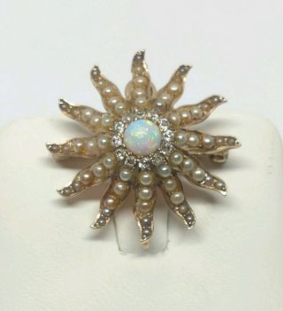 Antique Victorian 14k Yellow Gold Opal Diamond Pearl Starburst Brooch Pendant