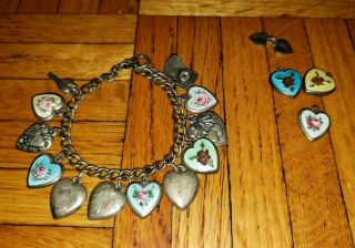 1940s? Vintage Sterling Silver Puffy Heart Charm Bracelet - 16 Charms - Guilloche,