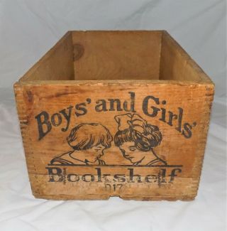 Antique early 1900s Boys and Girls Bookshelf Wood Advertising Crate Box 2