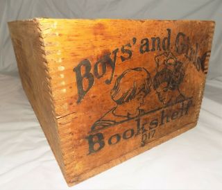 Antique early 1900s Boys and Girls Bookshelf Wood Advertising Crate Box 3