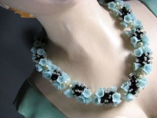 Vintage Cornflower Blue Floral Venetian Beaded Necklace Poured Flower Glass 50 