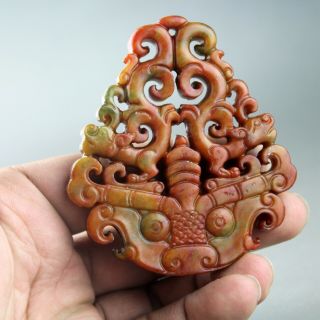 3  China Old Jade Hand - Carved Double Phoenix Beast Jade Pendant 2061