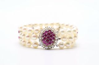Estate 14k White Gold Three Strand Cultured Pearl Pink Sapphire Vintage Bracelet