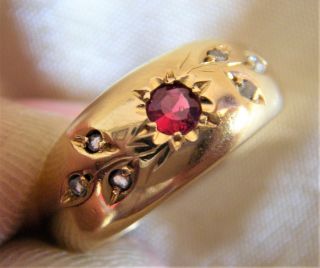 Antique 18ct/18k Gold Ruby And Diamond Accents Gypsy Ring,  Chester 1904