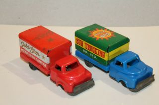 FIVE Vintage FRICTION POWERED TIN LITHO 1950 ' s DELIVERY MOVING TRUCKS 2