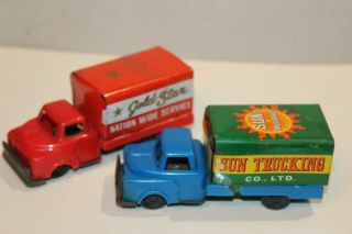 FIVE Vintage FRICTION POWERED TIN LITHO 1950 ' s DELIVERY MOVING TRUCKS 3