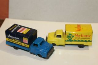 FIVE Vintage FRICTION POWERED TIN LITHO 1950 ' s DELIVERY MOVING TRUCKS 4