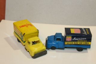 FIVE Vintage FRICTION POWERED TIN LITHO 1950 ' s DELIVERY MOVING TRUCKS 5
