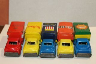FIVE Vintage FRICTION POWERED TIN LITHO 1950 ' s DELIVERY MOVING TRUCKS 8
