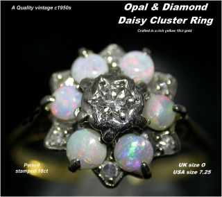 Opal & Diamond Daisy Cluster Ring Size O Quality 18ct Gold Vintage 1950s
