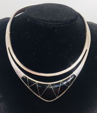 Vintage Mexican 950 Sterling Silver Black Onyx Choker Modernist Necklace