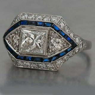 Vintage Art Deco 2.  5ct Diamond & Sapphire Engagement Wedding Ring 14k White Gold