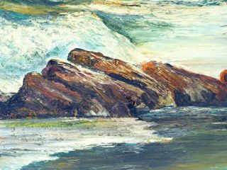 M.  R MOHRING STORMY SEASCAPE OIL PAINTING ANTIQUE SEA SEASHORE SUNSET ROCKY BEACH 10