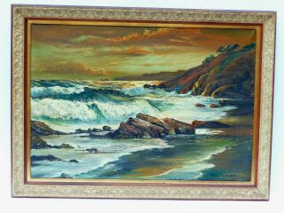 M.  R Mohring Stormy Seascape Oil Painting Antique Sea Seashore Sunset Rocky Beach