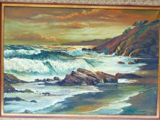 M.  R MOHRING STORMY SEASCAPE OIL PAINTING ANTIQUE SEA SEASHORE SUNSET ROCKY BEACH 3