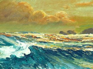 M.  R MOHRING STORMY SEASCAPE OIL PAINTING ANTIQUE SEA SEASHORE SUNSET ROCKY BEACH 4