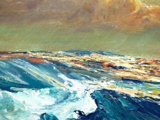 M.  R MOHRING STORMY SEASCAPE OIL PAINTING ANTIQUE SEA SEASHORE SUNSET ROCKY BEACH 5