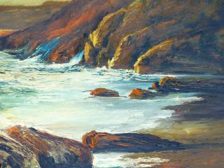 M.  R MOHRING STORMY SEASCAPE OIL PAINTING ANTIQUE SEA SEASHORE SUNSET ROCKY BEACH 8