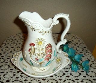 Vintage Signed & Nbrd,  Pottery Rooster Wash Basin & Pitcher,  Napcoware Chicken