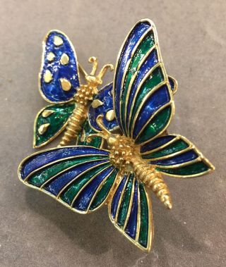 Rare Boucher Double Enamel Butterfly Trembler Brooch Blue Green On Gold