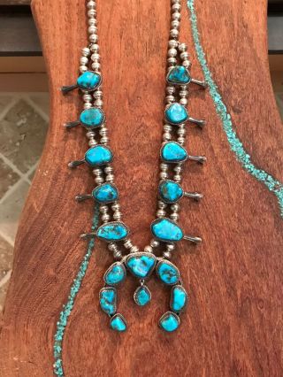 Native American Vintage Squash Blossom Turquoise Necklace - 26.  5” Long