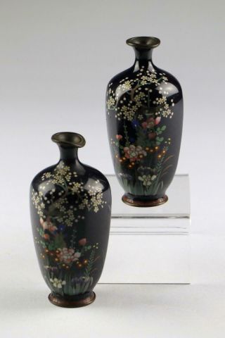 Small Antique 19th Century Meiji Japanese Black Cloisonne Vases